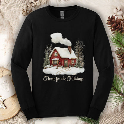 Home for the Holidays Red Cabin Long Sleeve Tee