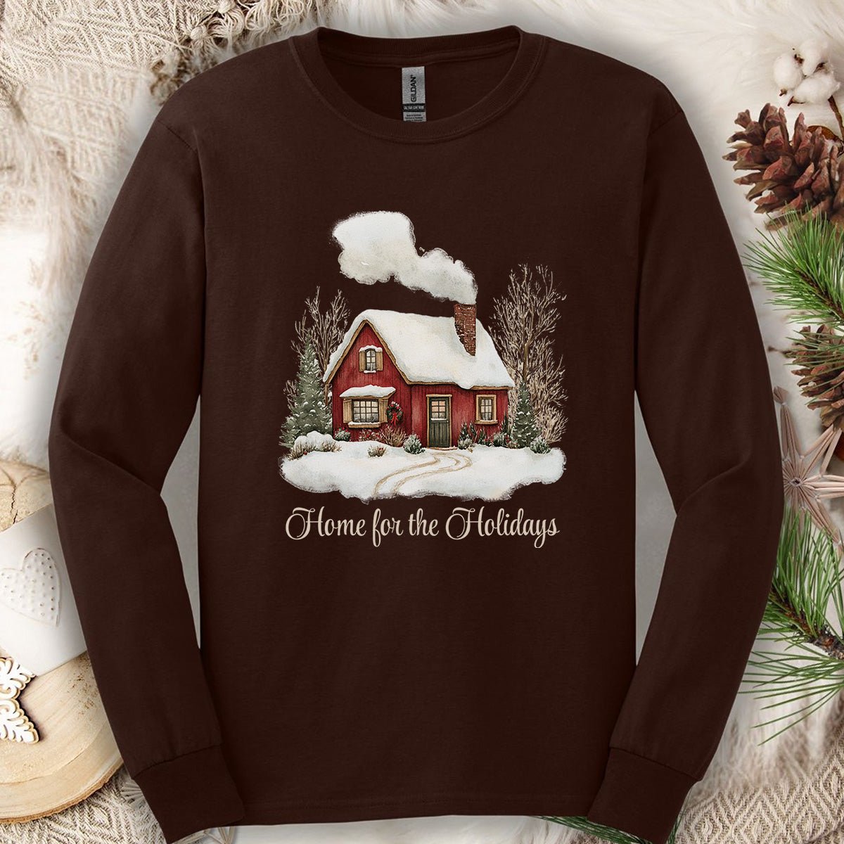 Home for the Holidays Red Cabin Long Sleeve Tee