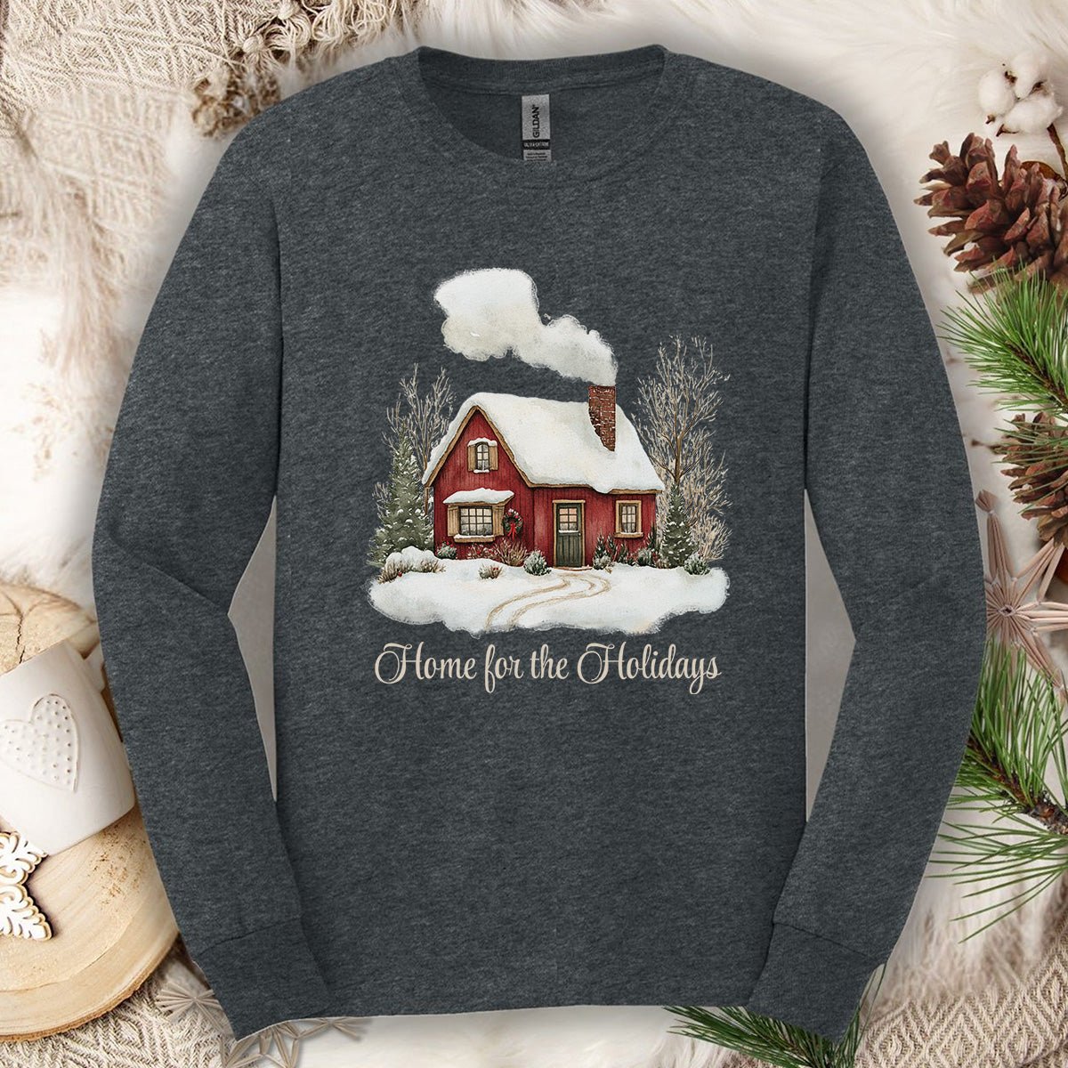 Home for the Holidays Red Cabin Long Sleeve Tee