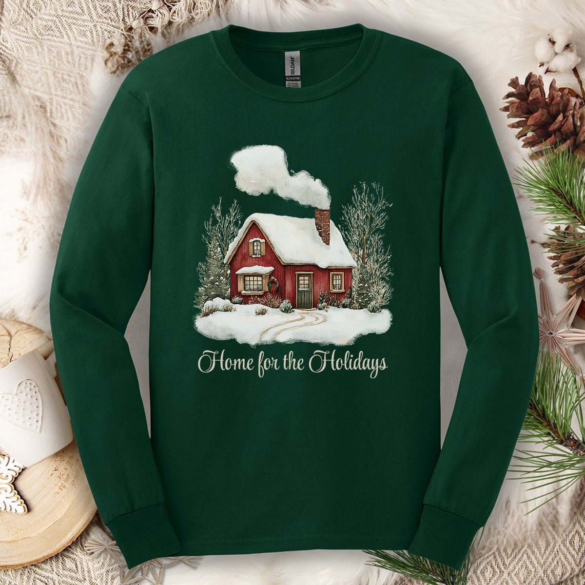 Home for the Holidays Red Cabin Long Sleeve Tee