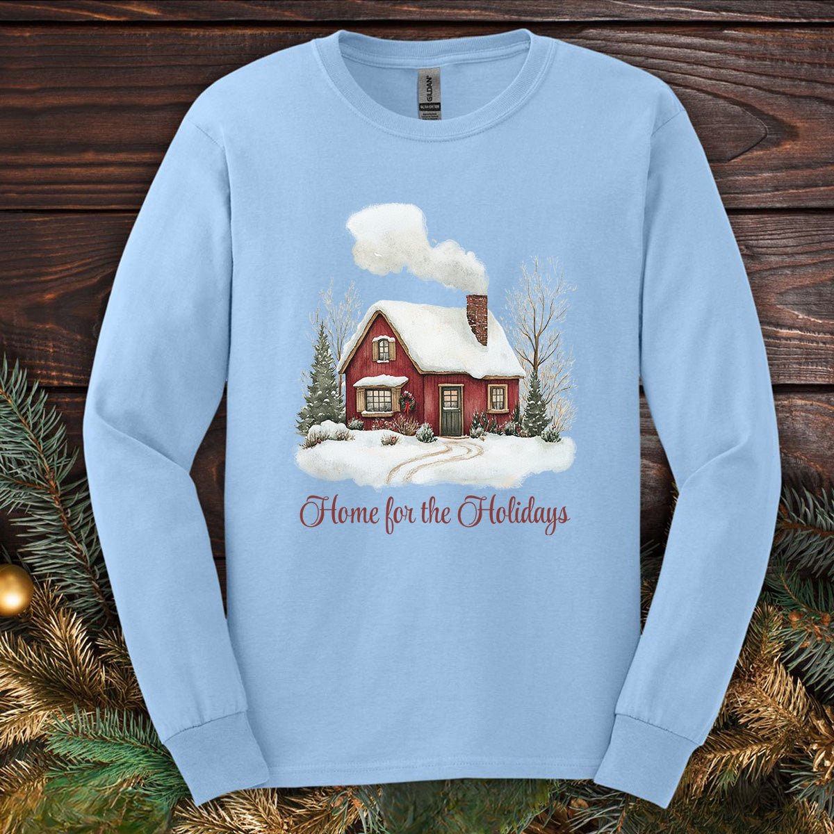 Home for the Holidays Red Cabin Long Sleeve Tee