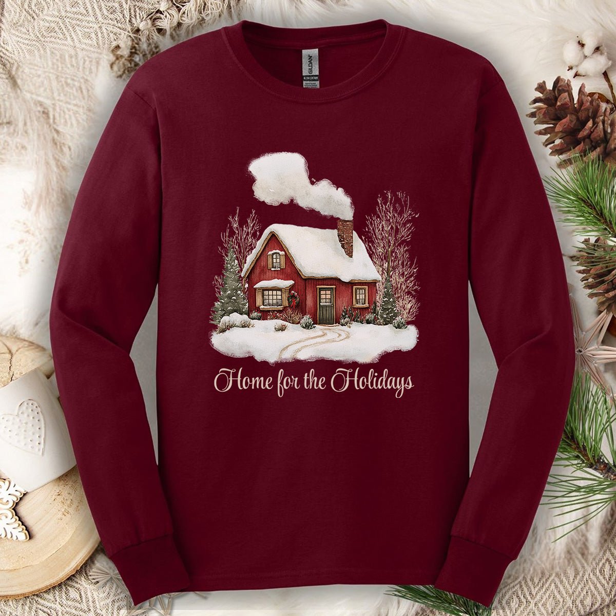 Home for the Holidays Red Cabin Long Sleeve Tee