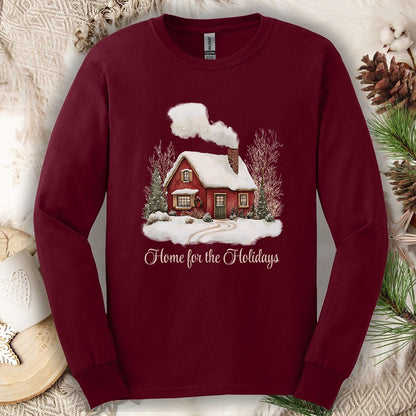 Home for the Holidays Red Cabin Long Sleeve Tee
