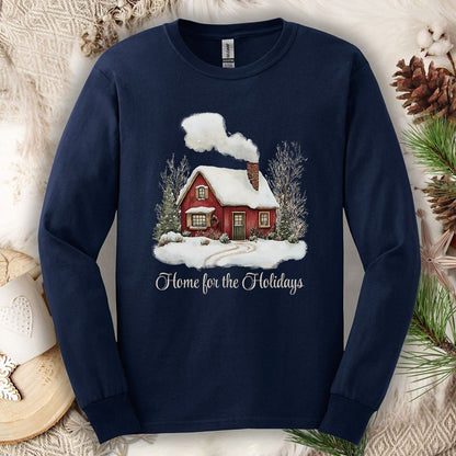 Home for the Holidays Red Cabin Long Sleeve Tee