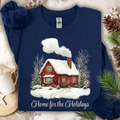 Navy Gildan fleece sweatshirt with vintage watercolor red cabin and "Home for the Holidays" text.
