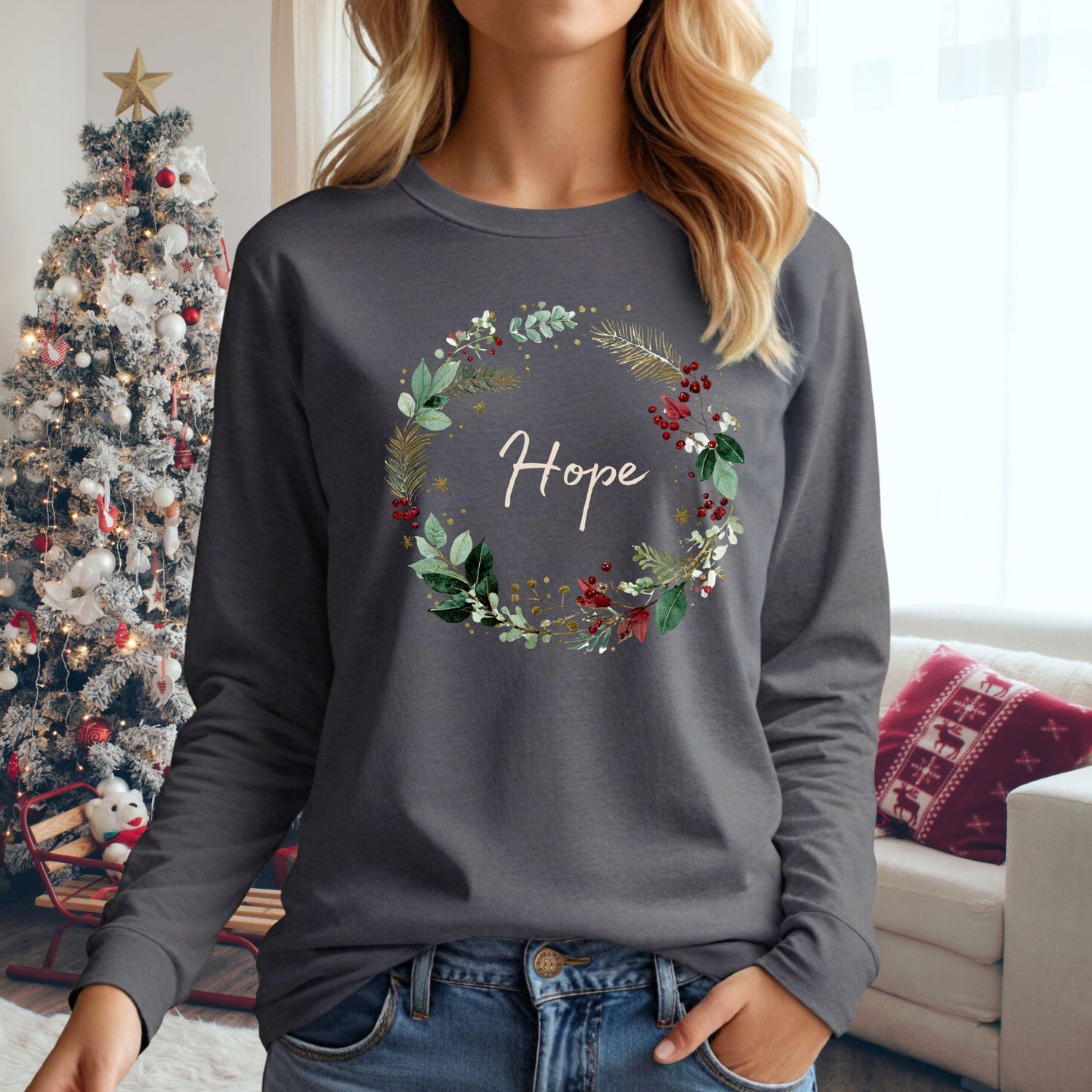 Hope Christmas Wreath Long Sleeve Tee