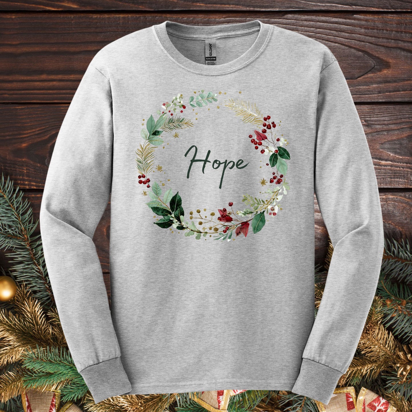 Ash long sleeve tee with watercolor "Hope" Christmas wreath design.
