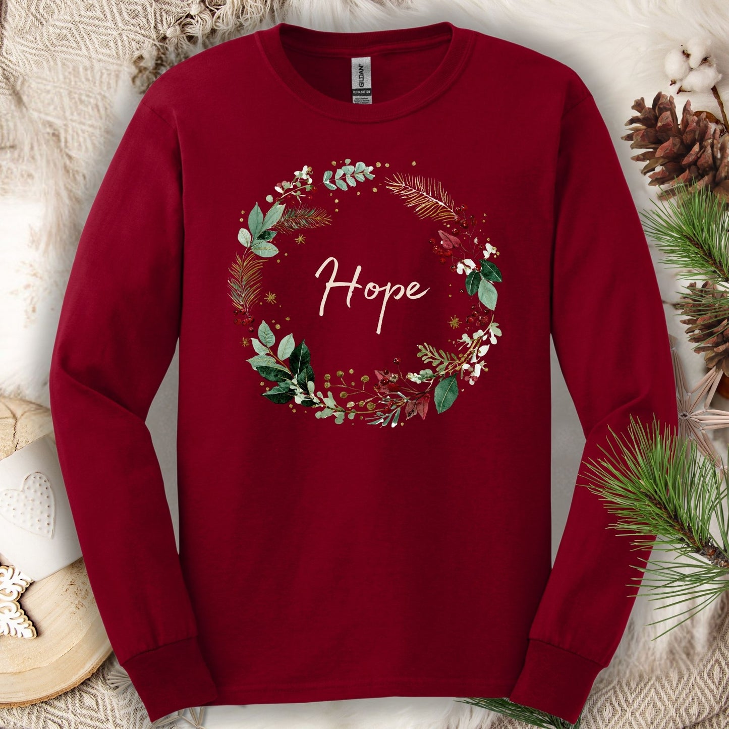 Cardinal Red long sleeve tee with "Hope" in a watercolor Christmas wreath design.