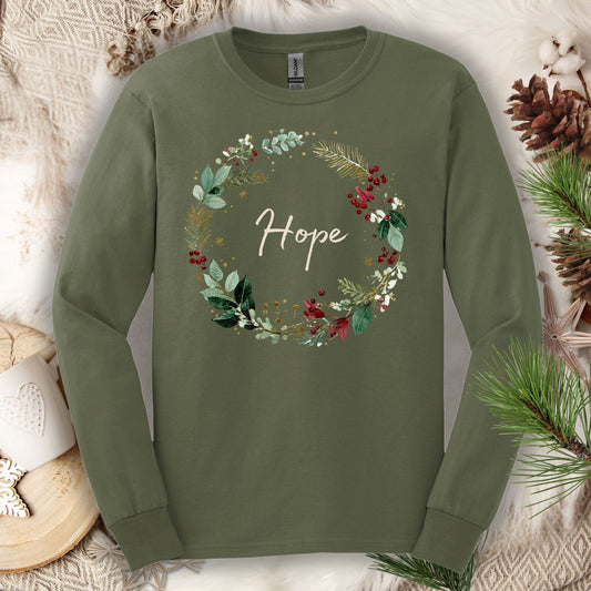 Military Green long sleeve tee with a watercolor "Hope" Christmas wreath design.