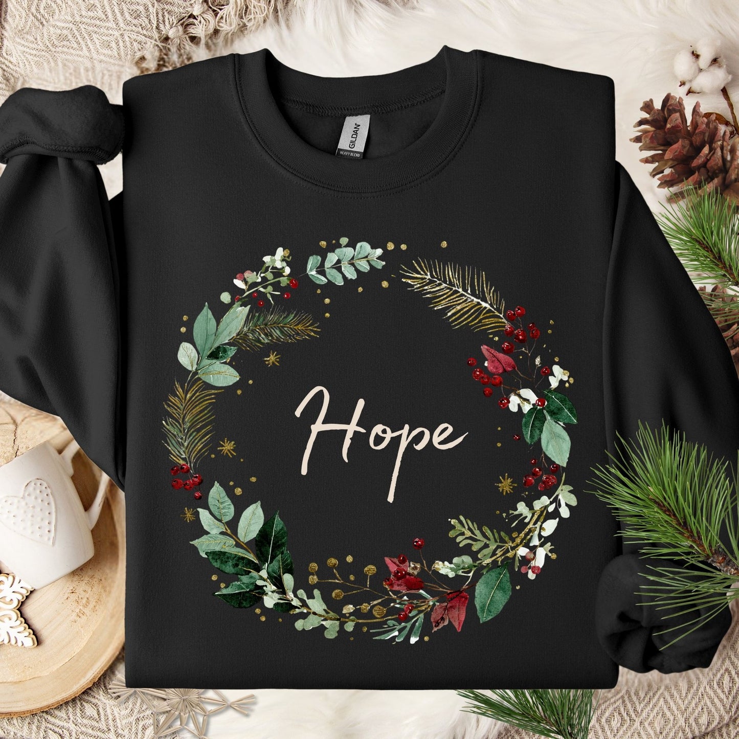 Black Gildan sweatshirt with a watercolor Christmas wreath and "Hope" in the center.