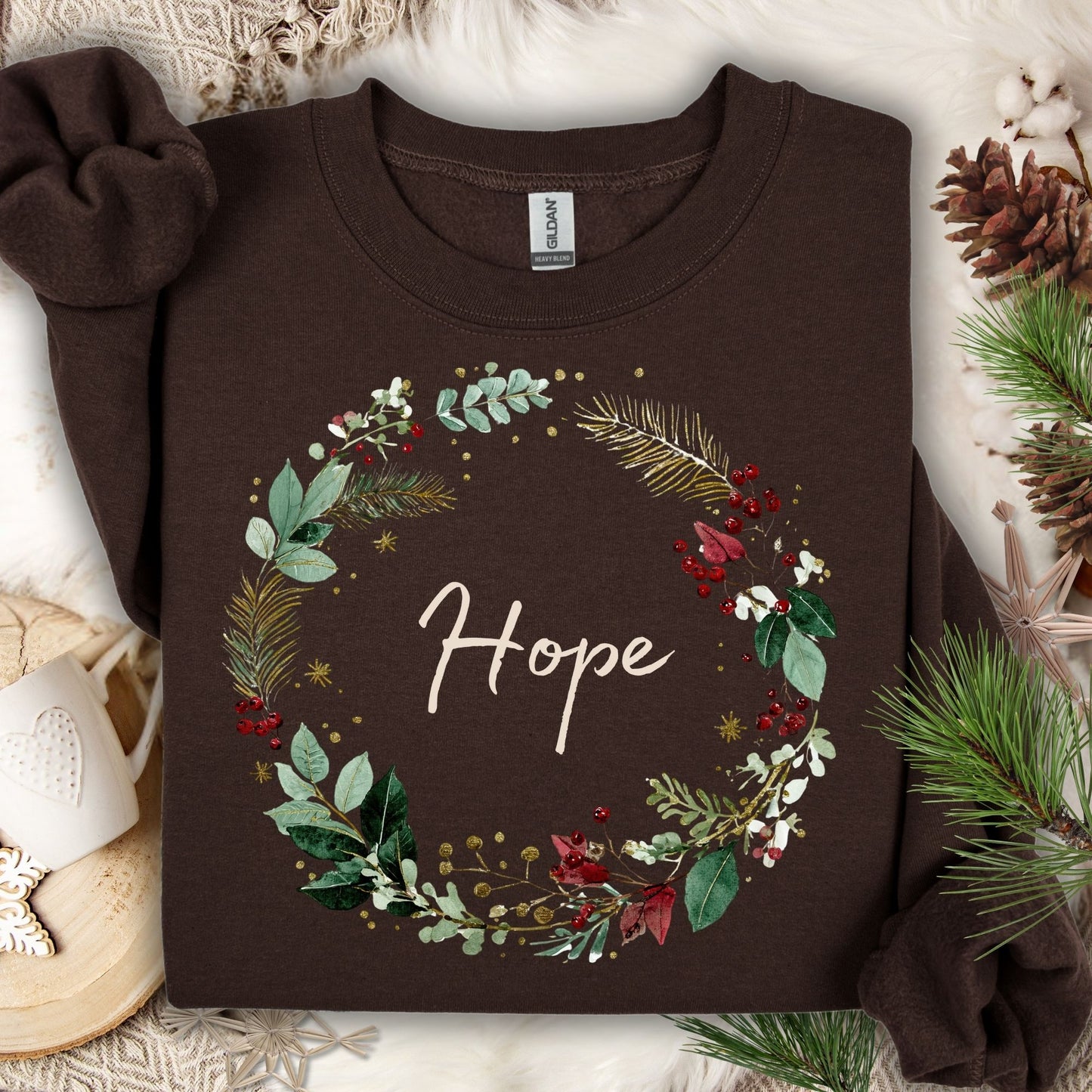 Dark Chocolate Gildan sweatshirt with a watercolor Christmas wreath and "Hope" in the center.