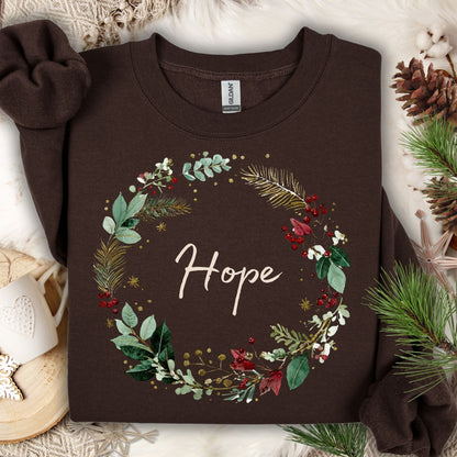 Dark Chocolate Gildan sweatshirt with a watercolor Christmas wreath and "Hope" in the center.
