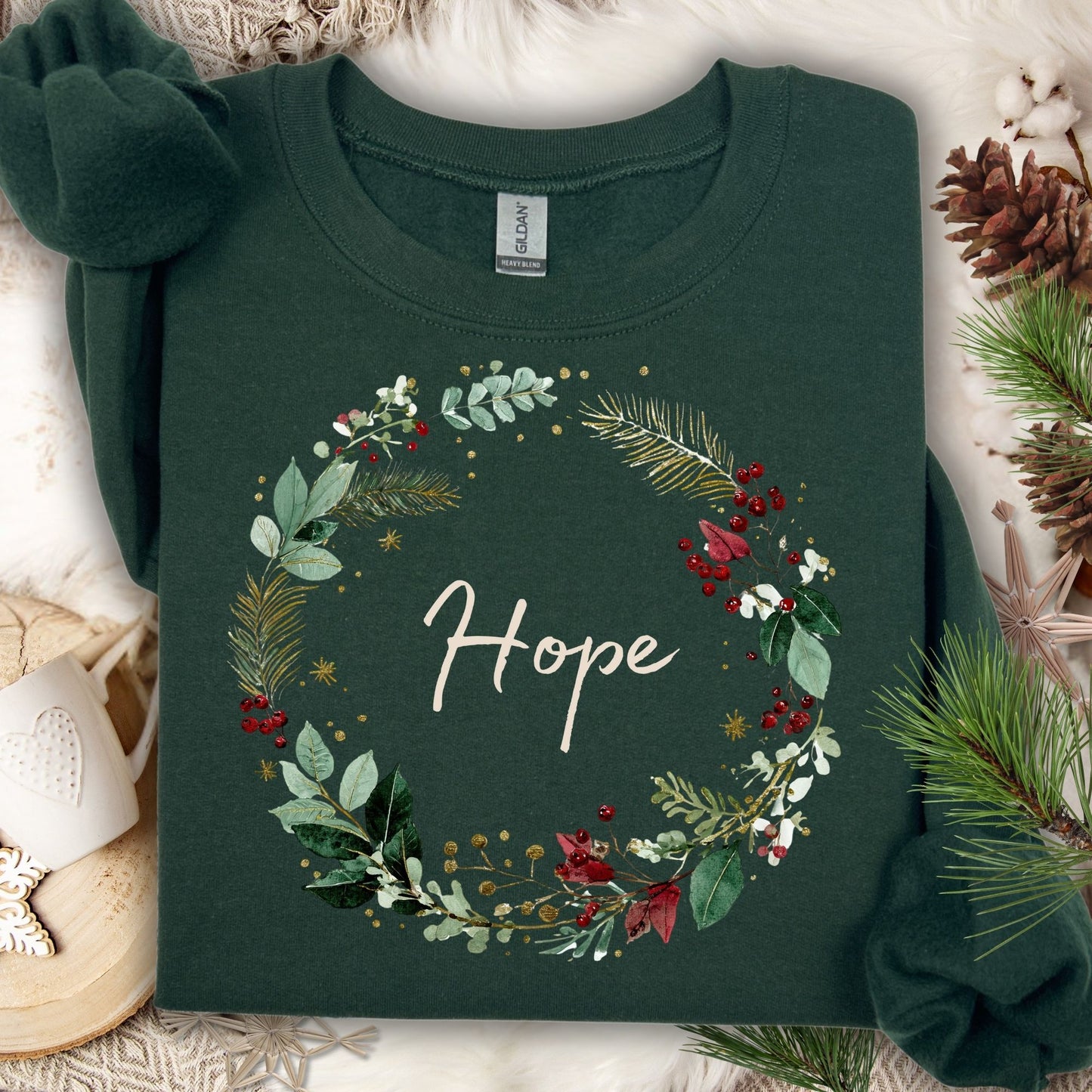 Forest Green Gildan sweatshirt with a watercolor Christmas wreath and "Hope" in the center.