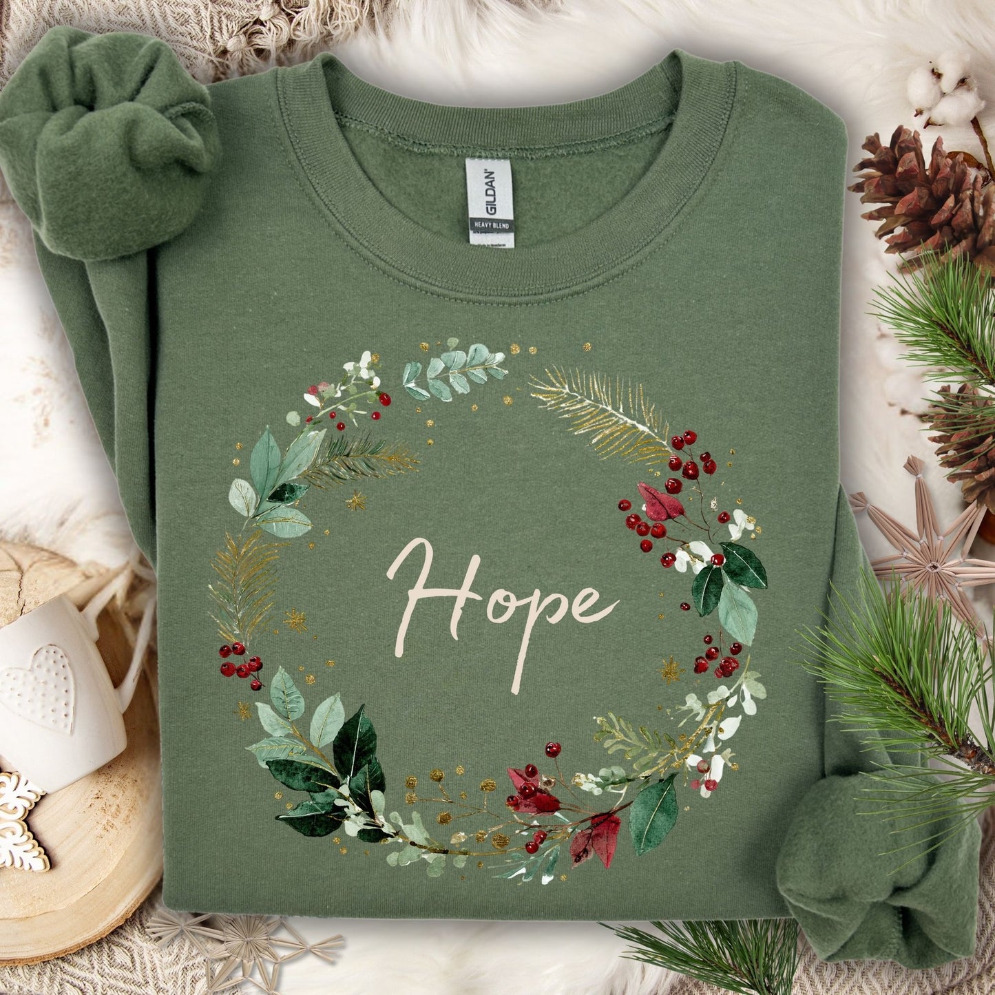 Military Green Gildan sweatshirt with a watercolor Christmas wreath and "Hope" in the center.