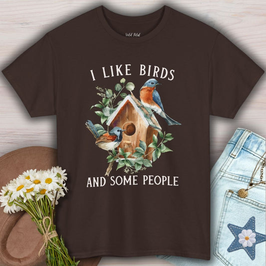 Dark Chocolate S tee with "I like birds and some people" text and bluebird watercolor art.