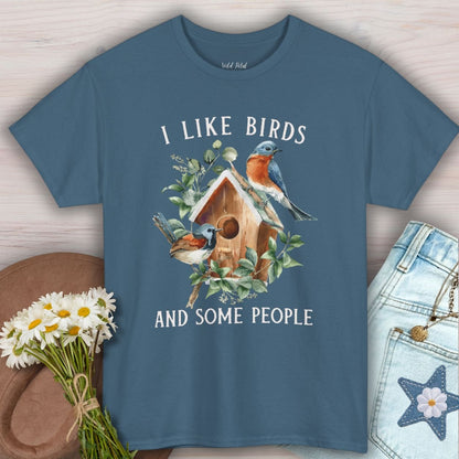 Indigo Blue S-sized cotton t-shirt with "I like birds and some people" text and watercolor birdhouse design.