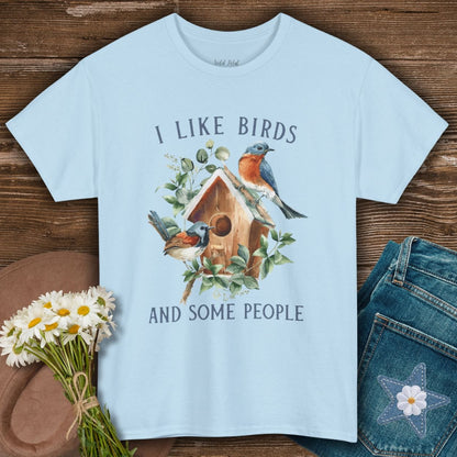 Light blue S-size cotton t-shirt with "I like birds and some people" text and a birdhouse illustration.