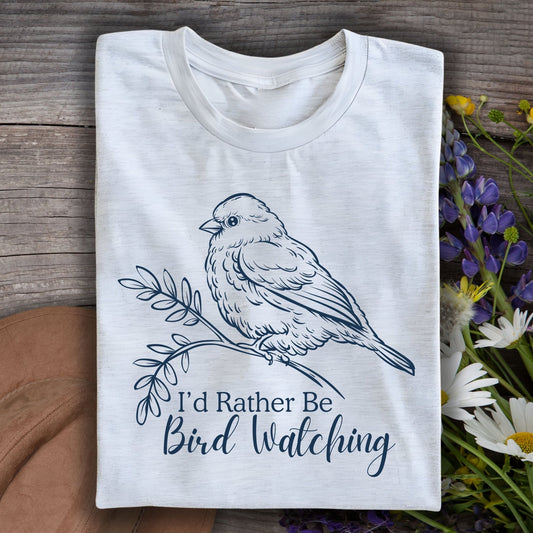 Ash gray "I'd Rather Be Bird Watching" T-shirt with a detailed bird on a branch design.