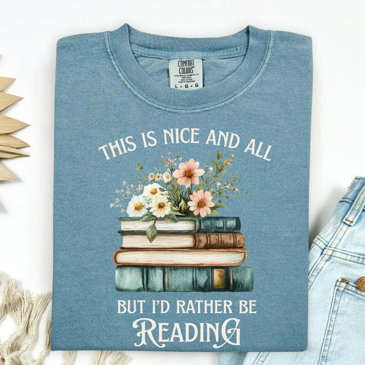 Ice Blue "I'd Rather Be Reading" t-shirt with vintage books and wildflowers.
