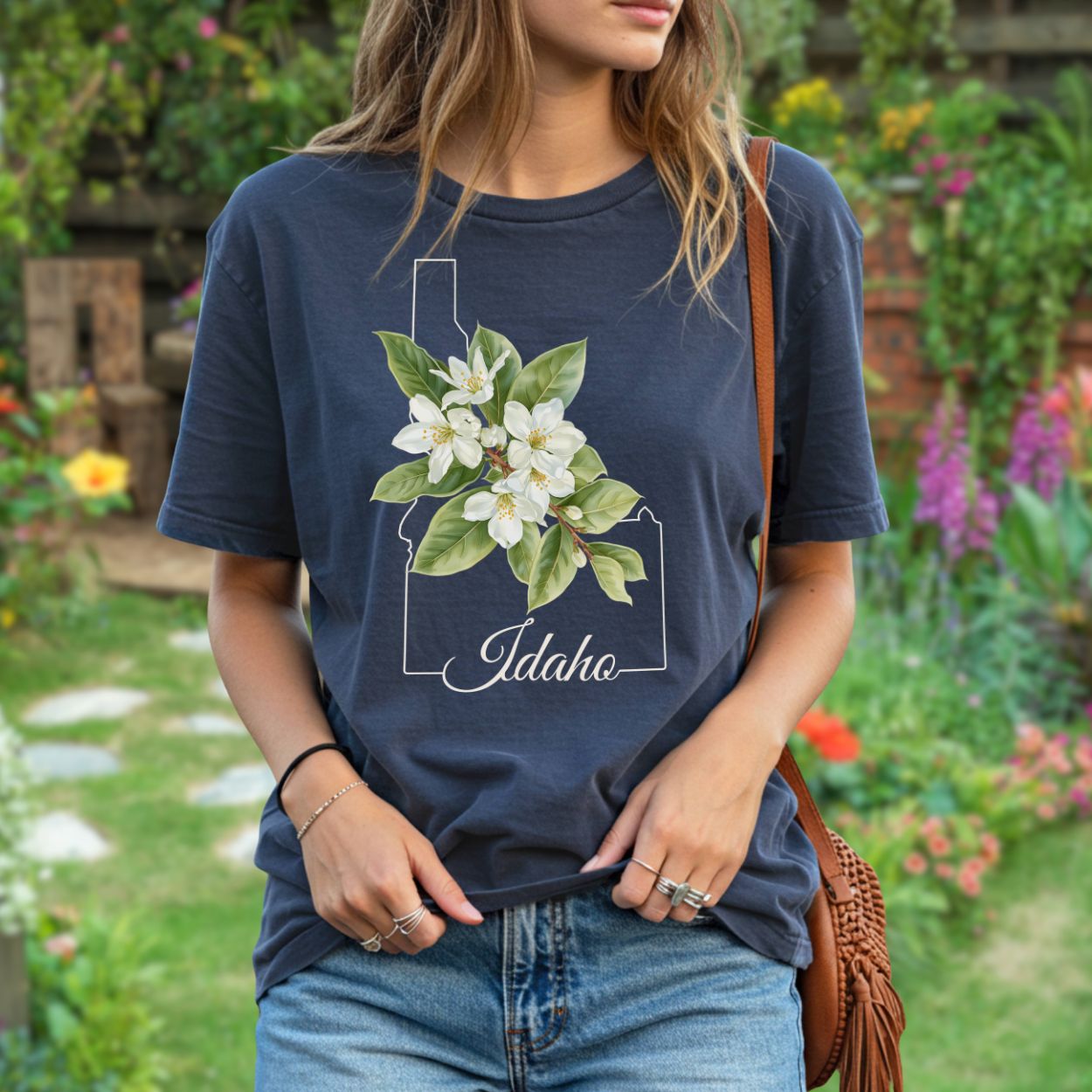 Relaxed-fit, garment-dyed navy t-shirt with Idaho outline and white Syringa flower design.
