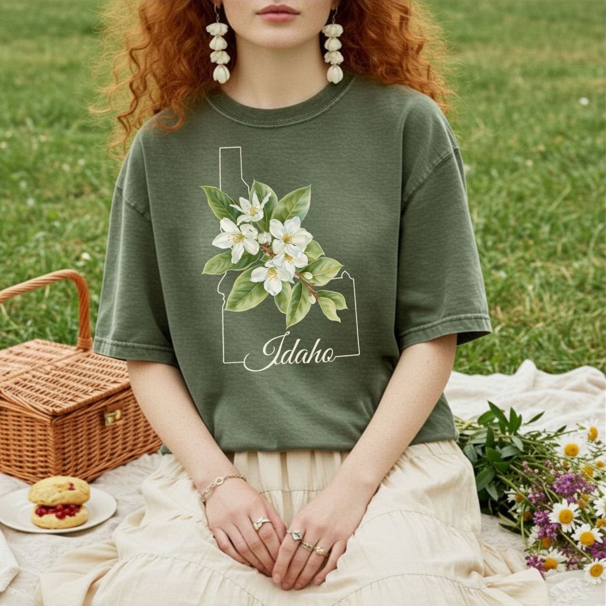 Garment-dyed olive green t-shirt with Idaho outline, white syringa flowers, and "Idaho" script.