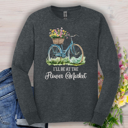 Dark Heather long sleeve tee with a vintage bicycle and flower basket graphic, "I'll Be At The Flower Market" text.