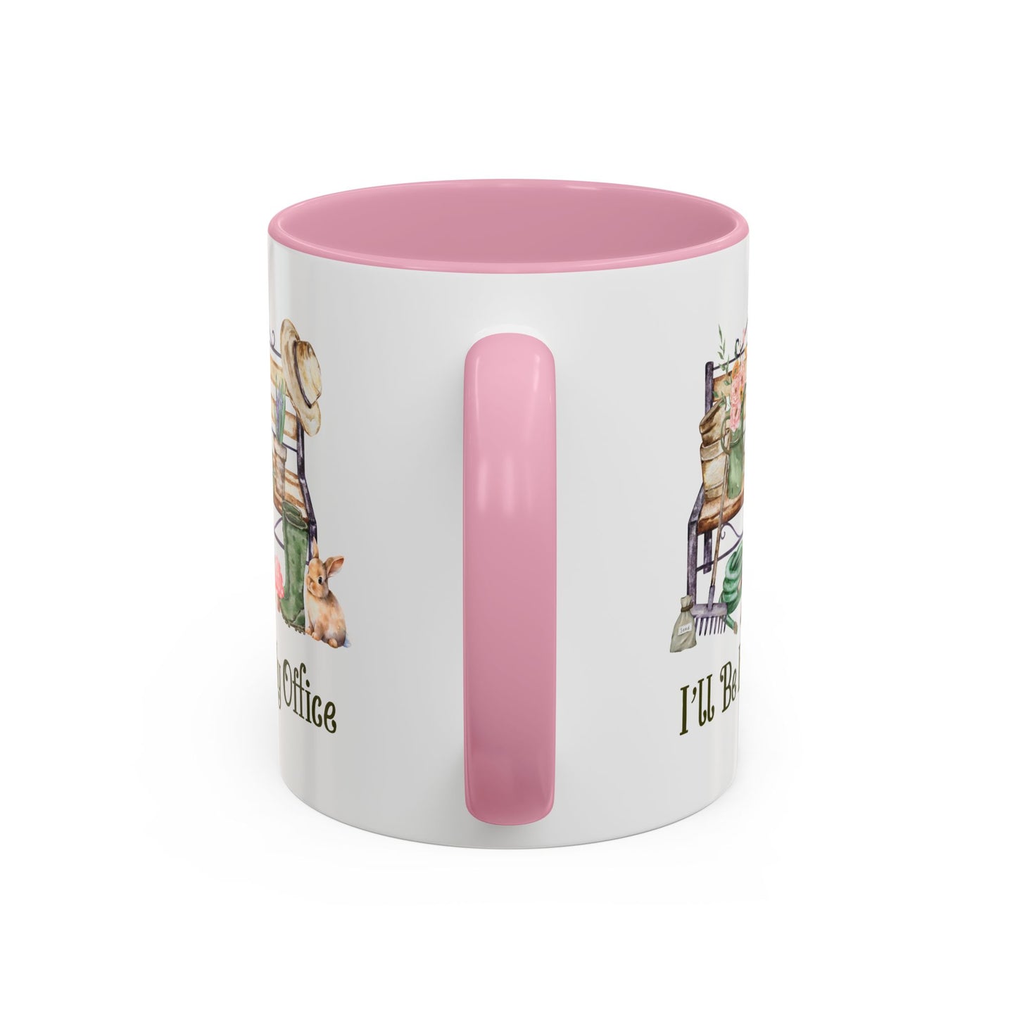 White ceramic 11oz/15oz gardener mug with pink interior/handle, featuring "I'll Be In My Office" and garden illustrations.