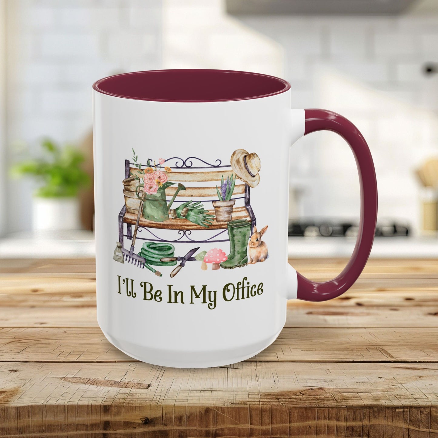 Maroon 15oz ceramic gardener mug with "I'll Be In My Office" and watercolor garden tools design.
