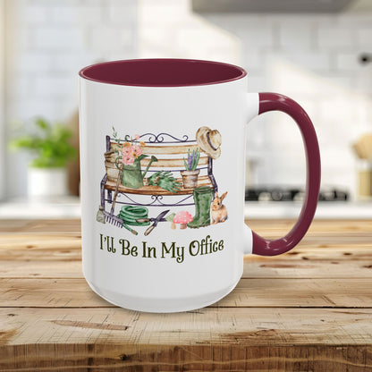 Maroon 15oz ceramic gardener mug with "I'll Be In My Office" and watercolor garden tools design.