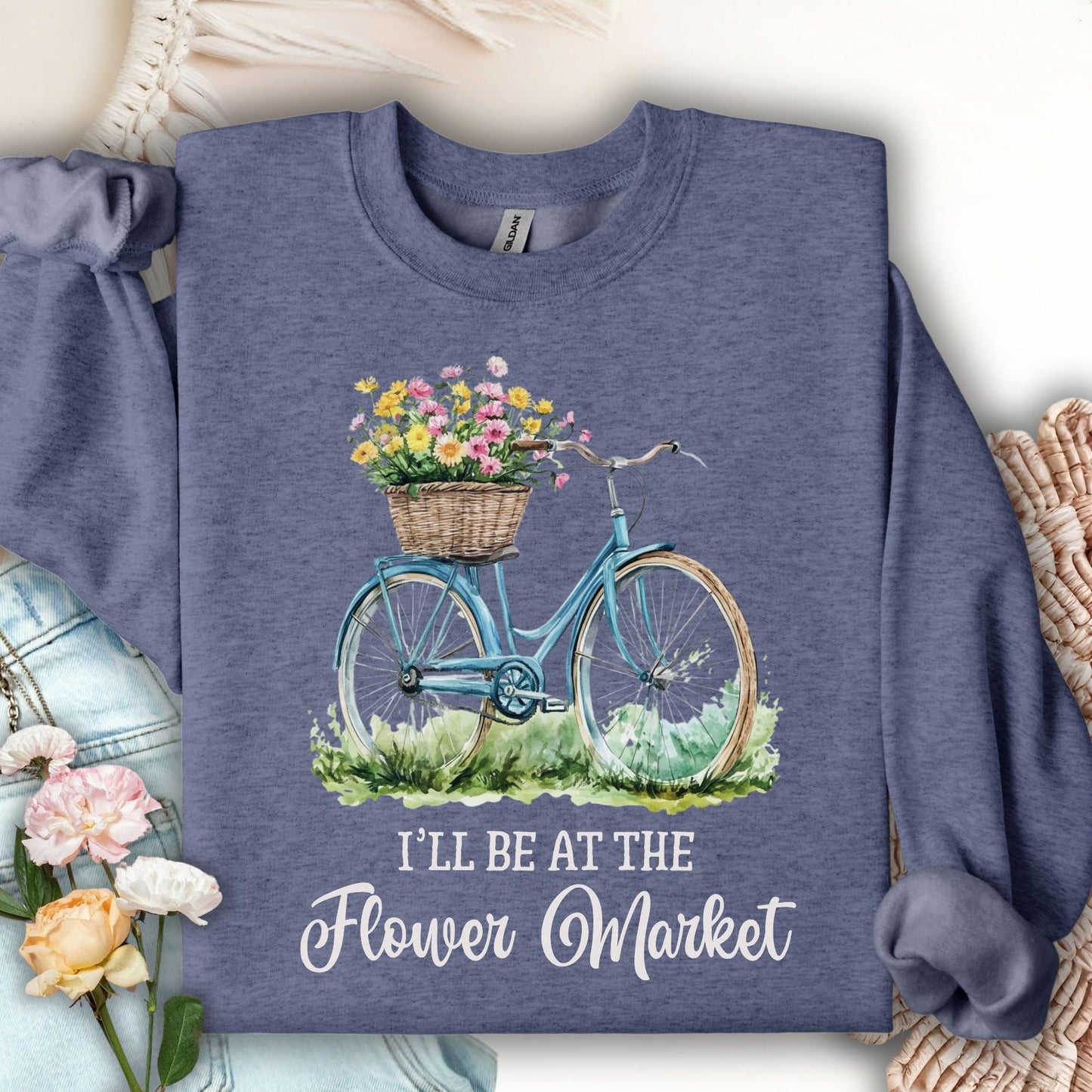 Heather Sport Dark Navy sweatshirt with a blue bicycle and flower basket design, "I'll Be at the Flower Market" text.
