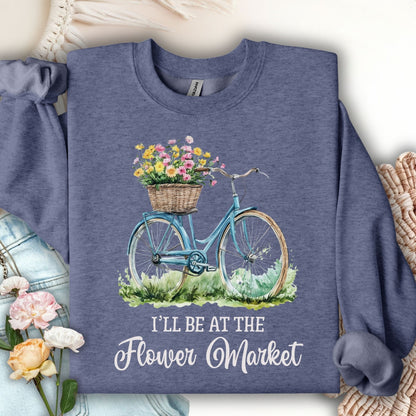 Heather Sport Dark Navy sweatshirt with a blue bicycle and flower basket design, "I'll Be at the Flower Market" text.