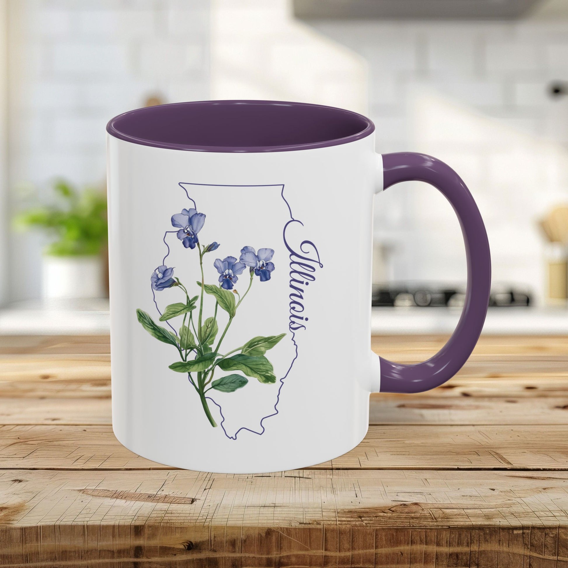 White 11oz ceramic mug with purple interior/handle, featuring a watercolor common blue violet inside an Illinois outline.