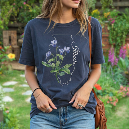 Navy garment-dyed cotton t-shirt with Illinois state outline, common blue violet illustration, and "Illinois" script.