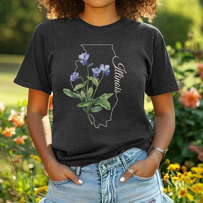 Black garment-dyed tee with Illinois state outline, blue violet illustration, and "Illinois" script.