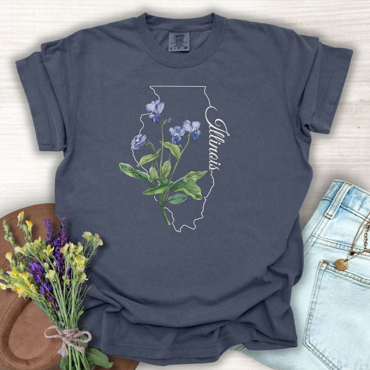 Denim blue Illinois State Flower T-Shirt with common blue violet illustration.