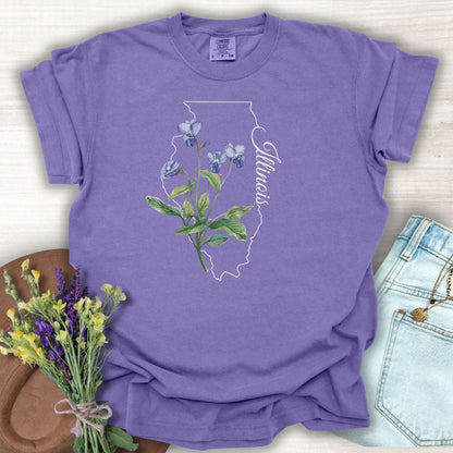 Grape S-sized garment-dyed cotton t-shirt with Illinois state outline and blue violet botanical illustration.