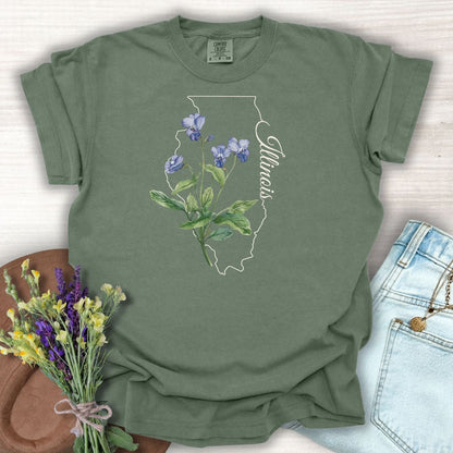 Moss green relaxed-fit cotton tee with Illinois state outline, common blue violet illustration, and script.