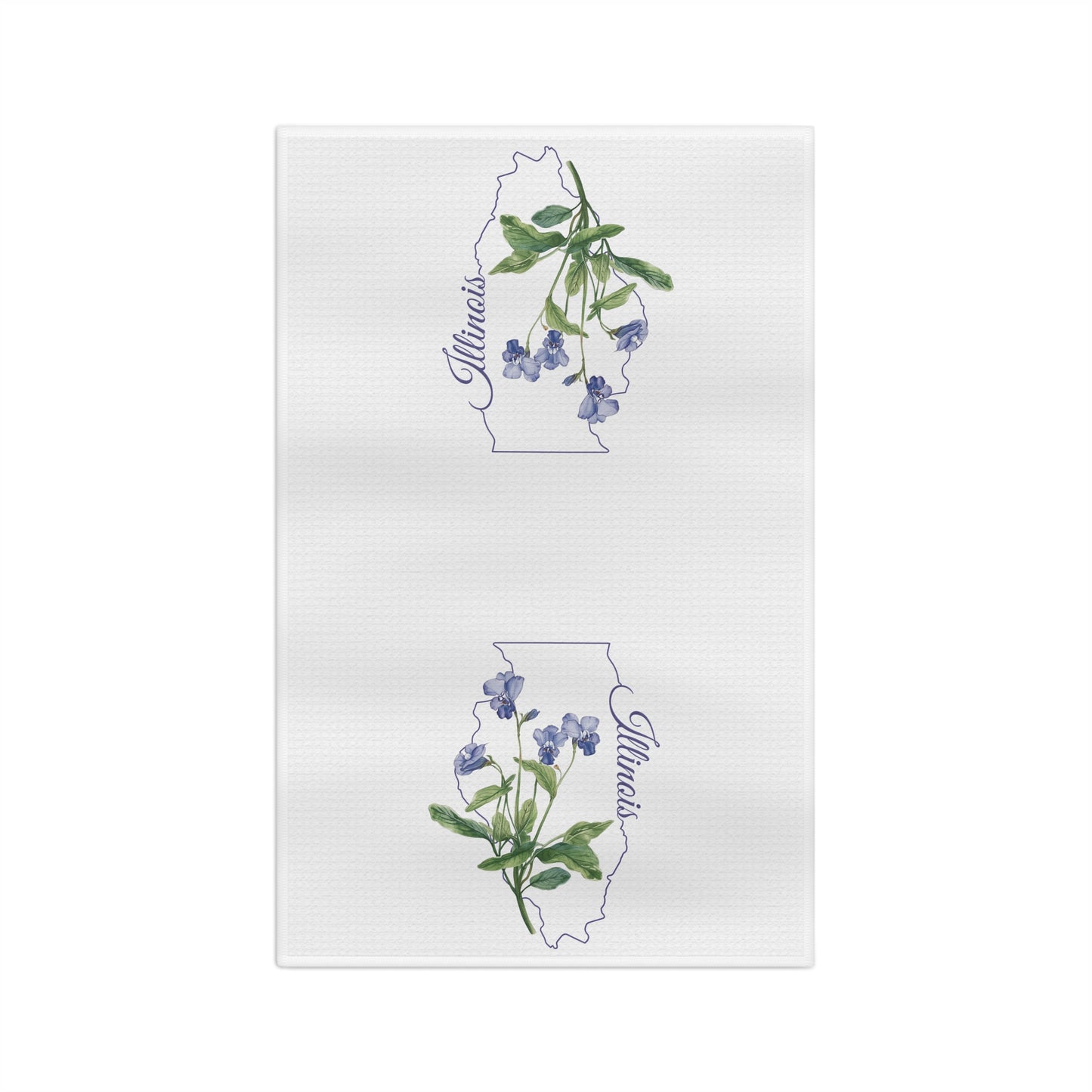 White microfiber tea towel with watercolor blue violets over a subtle Illinois state outline and script "Illinois.