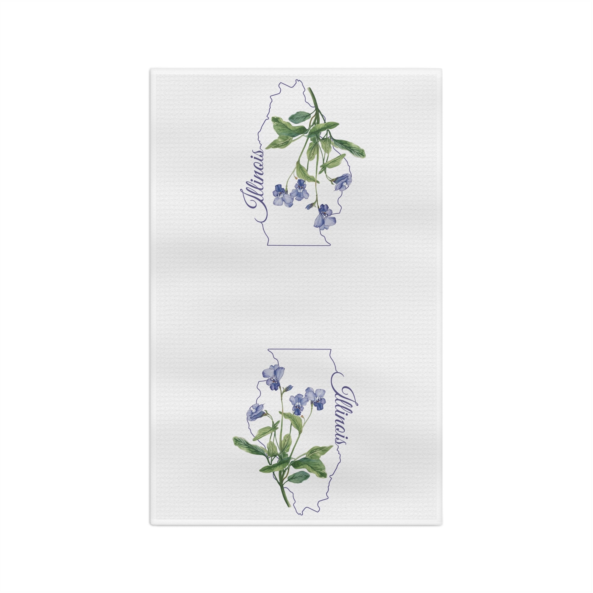 White microfiber tea towel with watercolor blue violets over a subtle Illinois state outline and script "Illinois.