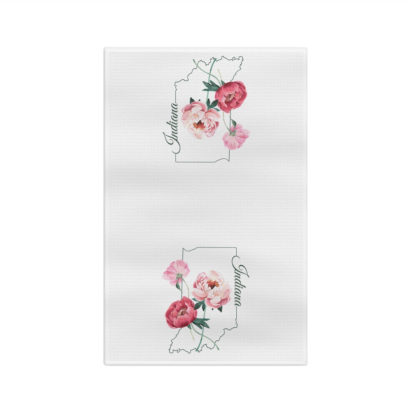 White microfiber tea towel with two pink peony floral designs inside the outline of Indiana.