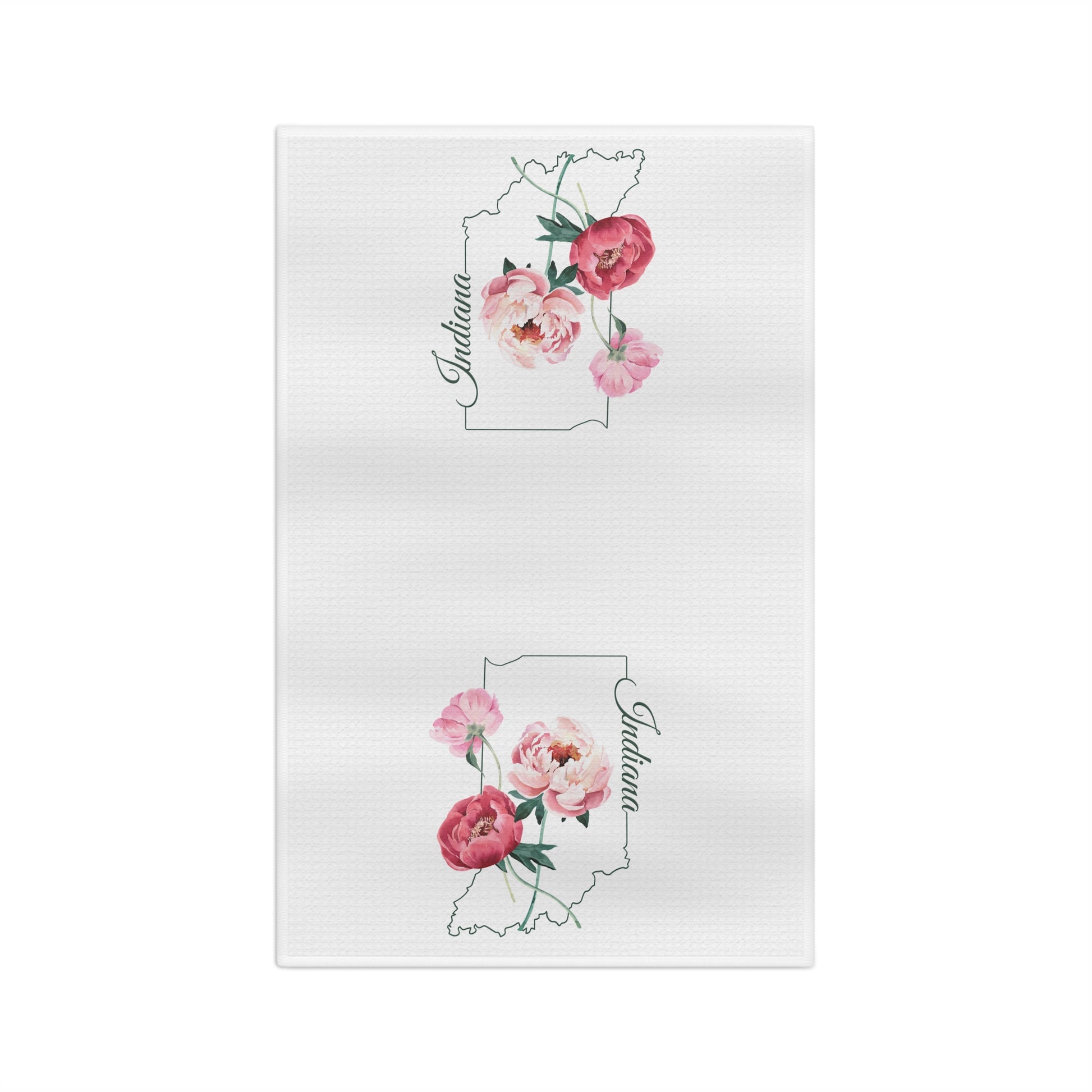 White microfiber tea towel with two pink peony floral designs inside the outline of Indiana.