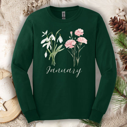 January Birth Month Flower Long Sleeve Tee - Snowdrop & Carnation