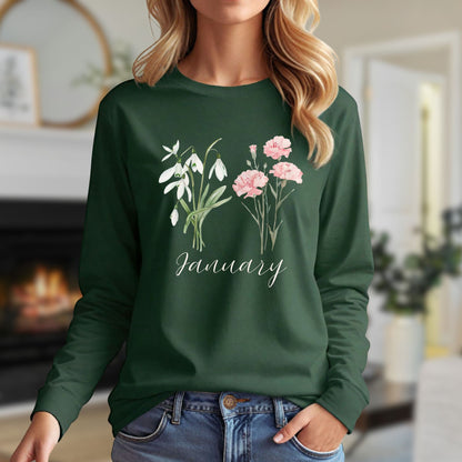 January Birth Month Flower Long Sleeve Tee - Snowdrop & Carnation