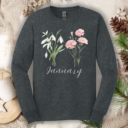 January Birth Month Flower Long Sleeve Tee - Snowdrop & Carnation