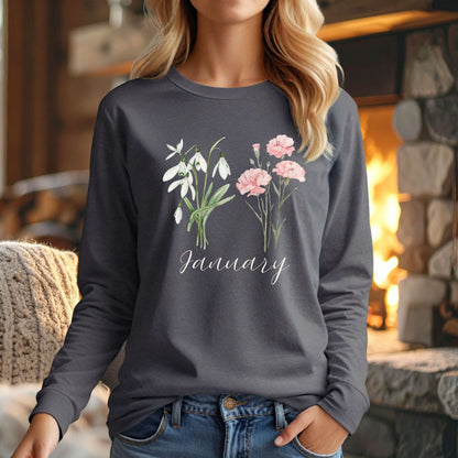 January Birth Month Flower Long Sleeve Tee - Snowdrop & Carnation