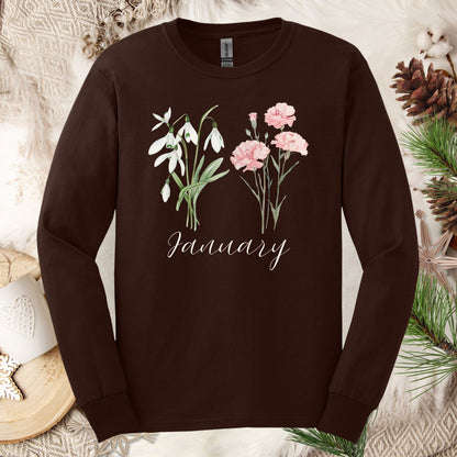 January Birth Month Flower Long Sleeve Tee - Snowdrop & Carnation
