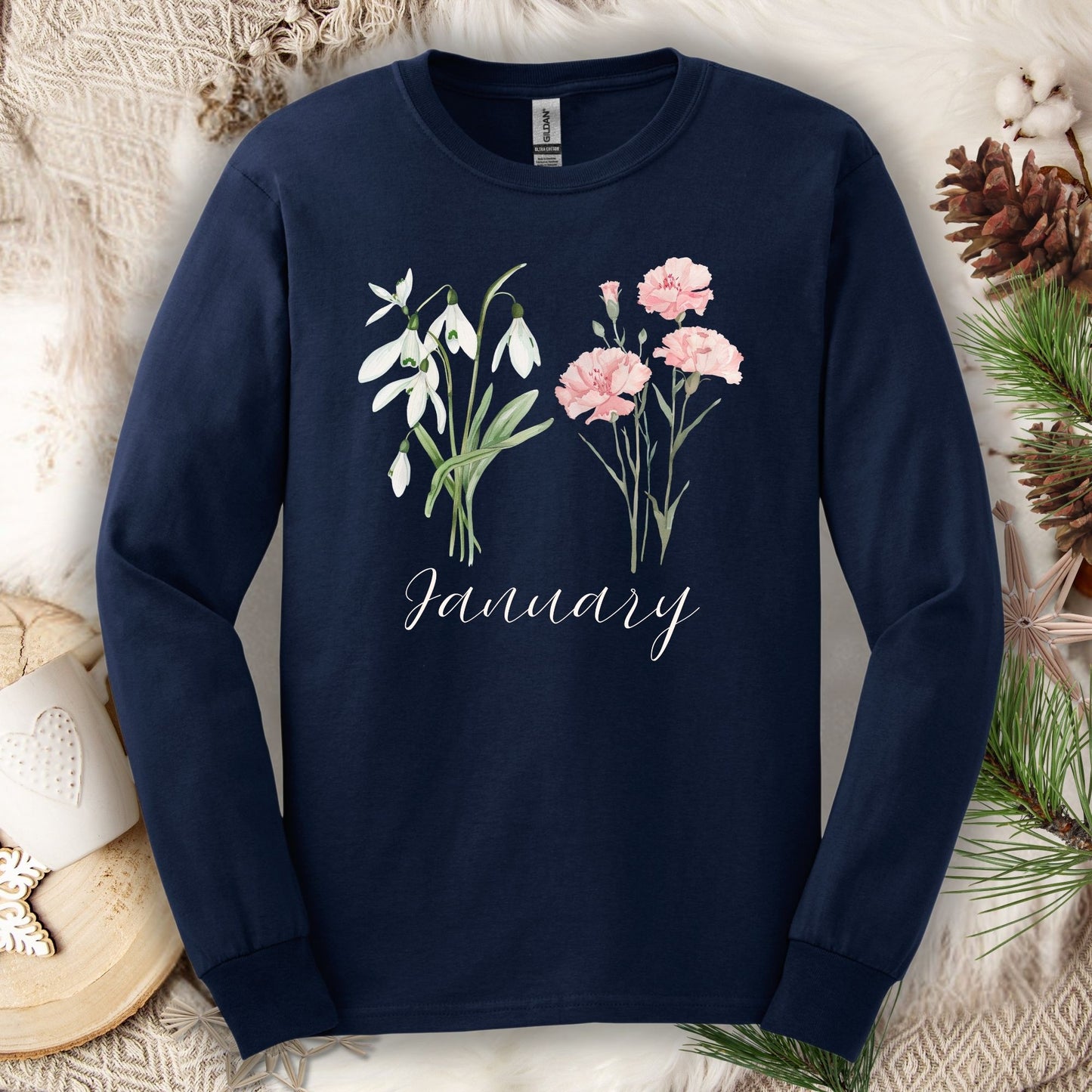 January Birth Month Flower Long Sleeve Tee - Snowdrop & Carnation