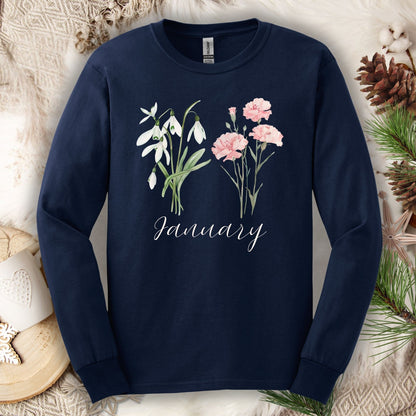 January Birth Month Flower Long Sleeve Tee - Snowdrop & Carnation