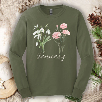 January Birth Month Flower Long Sleeve Tee - Snowdrop & Carnation