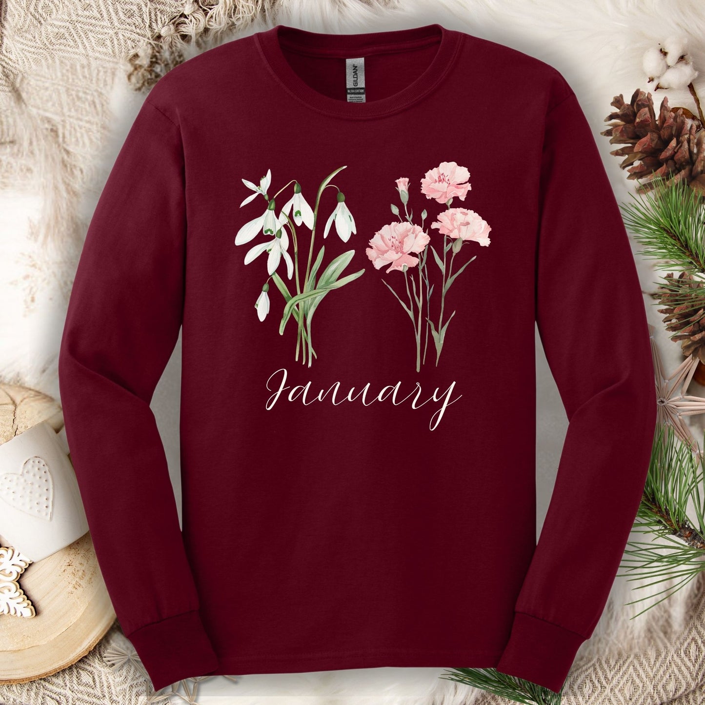 January Birth Month Flower Long Sleeve Tee - Snowdrop & Carnation